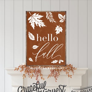 Hello Fall Sign Falling Leaves Framed Wood Farmhouse Style - Etsy