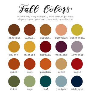 May include: Color chart from Teal Barn Signs featuring a variety of fall colors. The chart includes colors like chestnut, caramel, mustard, spice, olive, black, and slate. Text on the chart reads "Fall Colors" and "Click Below to Zoom In."