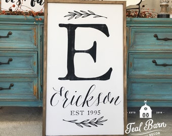 Personalized Family Name Sign With Initial Monogram Established Date -- Wedding Gift