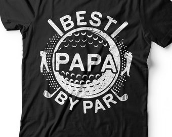 May include: Black t-shirt with a white graphic of a golf ball with the text "BEST PAPA BY PAR" around it.