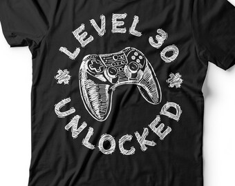 Level 30 Unlocked T-Shirt - Unisex Funny Mens 30th Birthday Gamer Shirt - Born in 1996 Gaming Gift TShirt for BDay Party