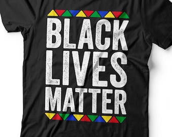 May include: Black t-shirt with the text "Black Lives Matter" in white with a distressed look. The text is surrounded by a row of colorful triangles.