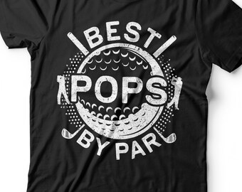 May include: Black t-shirt with a white graphic design of a golf ball with the text "Best Pops By Par" around it.