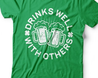 Drinks Well With Others T-Shirt - Unisex Mens Funny Drinking Shirt - Vintage Weekend Craft Beer TShirt Gift for St Patrick's Day 2026