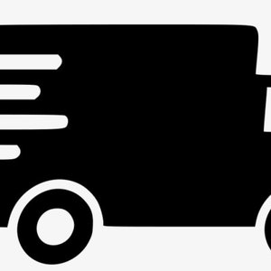 May include: A black delivery van with a white stripe on the side, moving quickly with a motion blur effect.