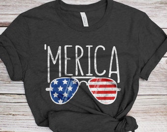 Merica Sunglasses T-Shirt - Unisex Mens Funny USA Flag Aviators Shirt - Vintage 'Merica Glasses TShirt Gift for Independence Day 4th of July