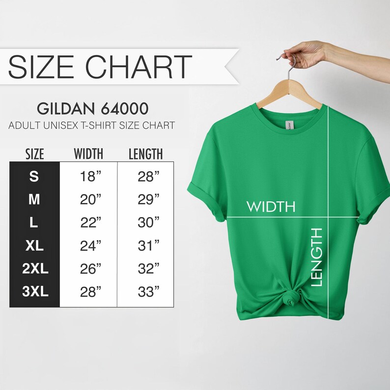 K&ouml;nnte beinhalten: Eine Gr&ouml;&szlig;entabelle f&uuml;r Gildan 64000 Unisex-T-Shirts f&uuml;r Erwachsene. Die Tabelle zeigt die Breite und L&auml;nge in Zoll f&uuml;r die Gr&ouml;&szlig;en S, M, L, XL, 2XL und 3XL. Ein gr&uuml;nes T-Shirt h&auml;ngt an einem Kleiderb&uuml;gel.