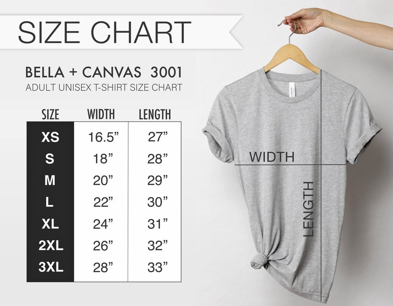 K&ouml;nnte beinhalten: Gr&ouml;&szlig;entabelle f&uuml;r Bella + Canvas 3001 Unisex-T-Shirts f&uuml;r Erwachsene. Die Tabelle zeigt die Breite und L&auml;nge in Zoll f&uuml;r die Gr&ouml;&szlig;en XS bis 3XL.
