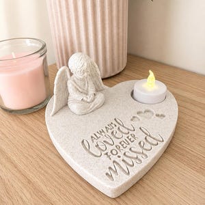 Portacandele commemorativo per bambini, angelo, targa a forma di cuore in ricordo del figlioletto, ricordo di "Amato per sempre, rimpianto per sempre", regalo di condoglianze.