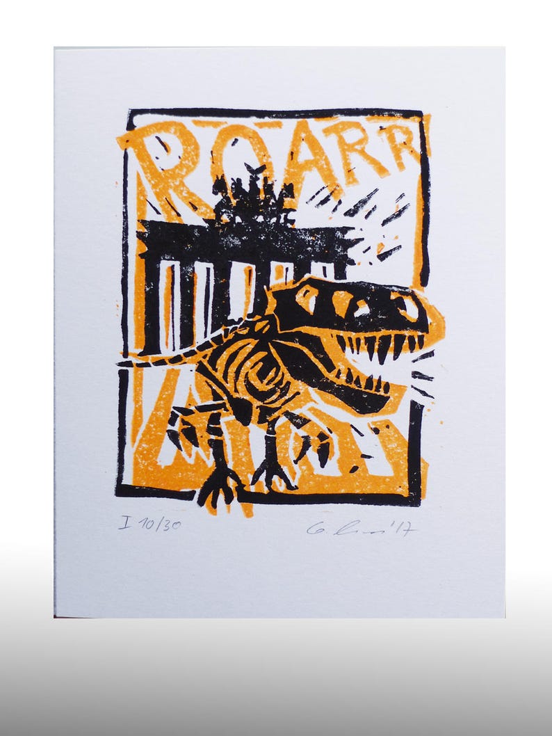 linocut limited and signed edition art print handmade T-Rex Tristan of the Archaeological Museum Berlin in front of the Brandenburg Gate