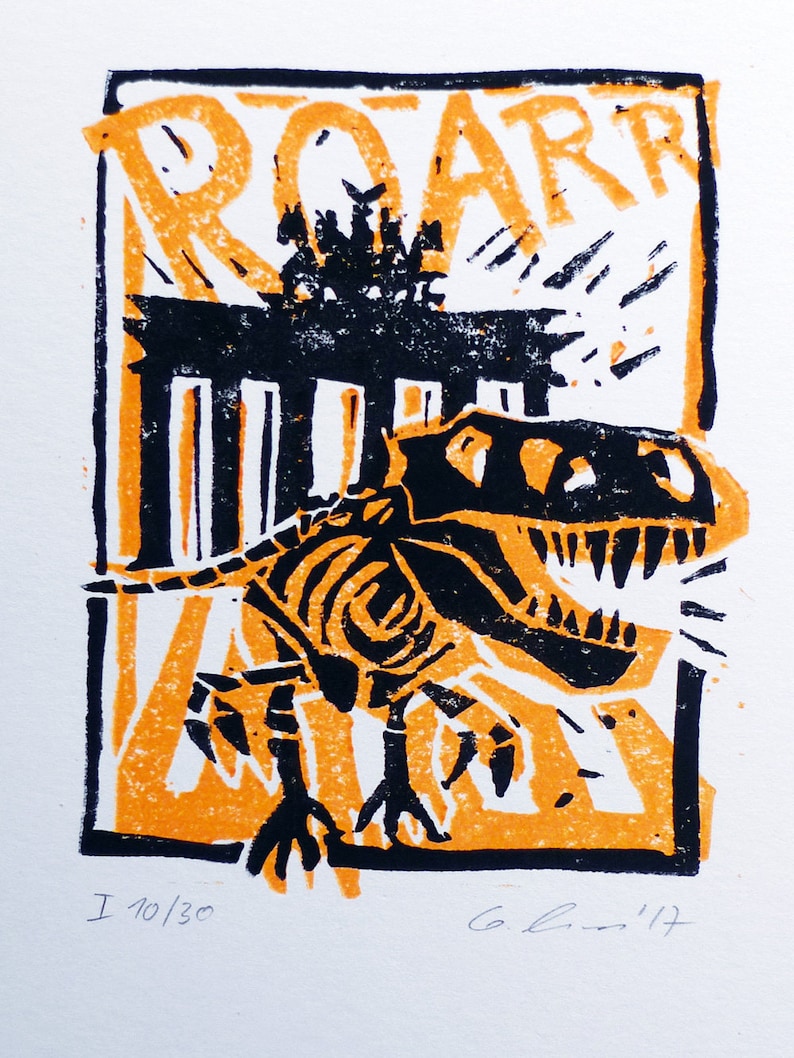 linocut limited and signed edition art print handmade T-Rex Tristan of the Archaeological Museum Berlin in front of the Brandenburg Gate