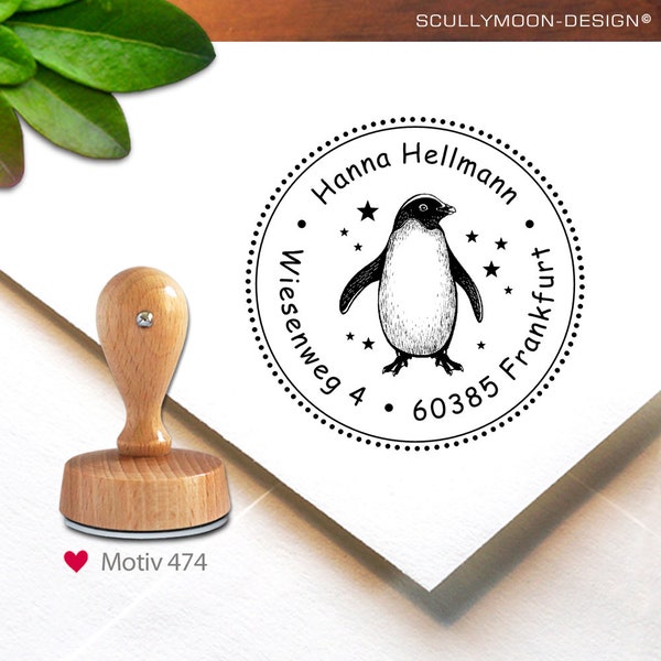 Stempel (474) - personalisiert, Adress-Stempel, 4 cm, Pinguin, Stempel mit Adresse, custom stamp, personalized