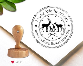 Stempel (W-21) - Frohe Weihnachten, 4 cm, Hirschfamilie, Geschenkanhänger, Christmas, stamp, deer