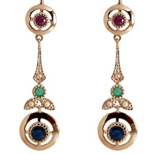 E132 Genuine 9K, 10K, 14K, 18K SOLID Gold NATURAL Ruby Sapphire Emerald Earrings Vintage Antique Design available with other gemstones