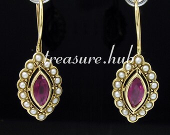 Genuine 9K, 10K, 14K, 18K SOLID Gold NATURAL Ruby Pearl Navette Cluster Earrings Vintage Antique Design available with other gemstones