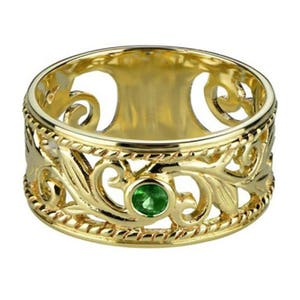 R067 Genuine 9K, 10K, 14K, 18K SOLID Yellow Rose or White Gold NATURAL Emerald Wide Filigree Band Ring