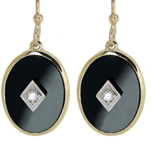 Genuine 9ct or 14K Yellow,Rose or White Gold Natural Large Oval Onyx & Diamond Drop / Dangle Earrings Mourning Victorian style