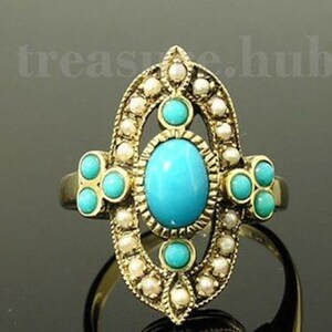 R286 Genuine 9ct SOLID Yellow,Rose or White Gold Natural TURQUOISE & PEARL Ring made in your size Vintage Antique style Handmade