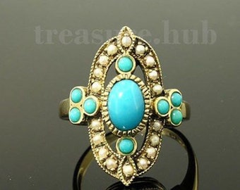 R286 Genuine 9ct SOLID Yellow,Rose or White Gold Natural TURQUOISE & PEARL Ring made in your size Vintage Antique style Handmade