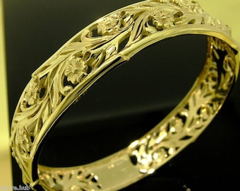 G14 Genuine 9K, 14K or 18K Solid Yellow,Rose or White Gold 13mm WIDE Filigree Blossom Foliage Bangle 63mm diameter
