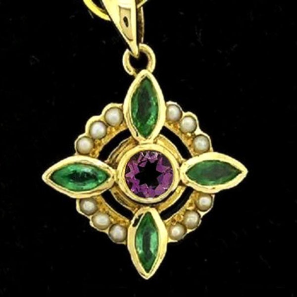 GENUINE 9K Rose ,Yellow or White Gold NATURAL Emerald, Amethyst & Pearl Pendant Vintage style Suffragette Drop