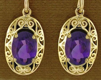 E093 Genuine 9K, 10K, 14K, 18K SOLID Gold NATURAL Gemstone (Amethyst,Topaz,Citrine,Peridot,etc) Oblong Ornate Filigree Scroll Drop Earrings