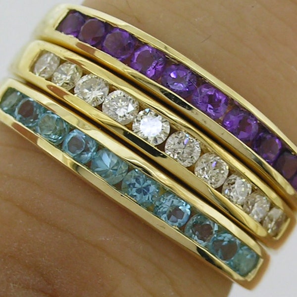 R165 Genuine 9K, 10K, 14K, 18K SOLID Yellow Rose or White Gold NATURAL Gemstone Half-Eternity Ring Channel-set Wedding