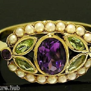 R296 Genuine 9K Yellow Rose or White Gold Natural Amethyst, Peridot & Pearl Suffragette Cluster Ring Feminist Vintage Victorian style