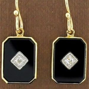 Genuine 9ct or 14K Yellow,Rose or White Gold Natural Onyx & Diamond Drop / Dangle Earrings Rectangle Mourning Victorian style