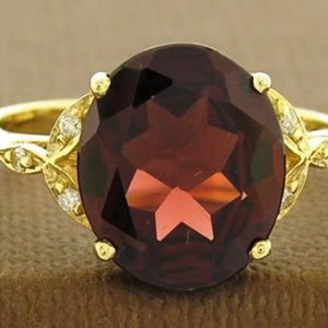 R099 Genuine 9ct SOLID Gold NATURAL Garnet & Diamond Vintage style Oval Solitaire  Ring