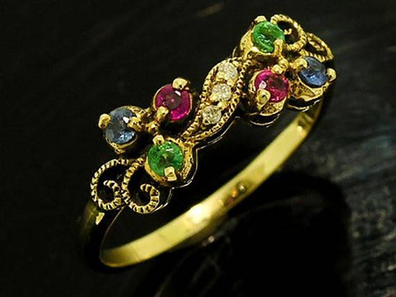 R283 Genuine 9K SOLID Yellow Gold NATURAL Ruby, Sapphire or Emerald and Diamond Three-stone Ring in your size