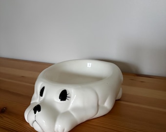 Vintage White Ceramic Dog Bowl - Food or Water Bowl - Floppy Ear Dog Shaped - Hand Painted