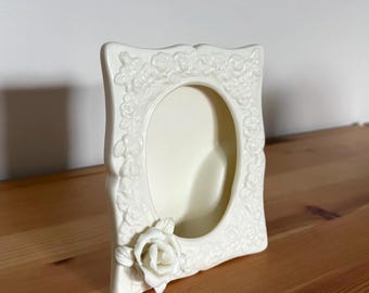 Vintage White Ceramic Rose Floral Relief Picture Frame - Holds 2.5 x 3.5 photo - Georgian Style - Drop in