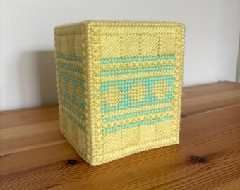 Hand Stitched Vintage Tissue Box Cover - Geometric Pastel Pattern - Yellow and Baby Blue - Cottagecore - Granny Chic