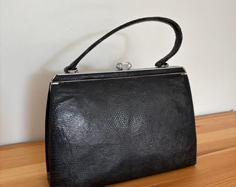 Bolso de mano vintage de piel de serpiente negra - Asa única - Cierre metálico a presión