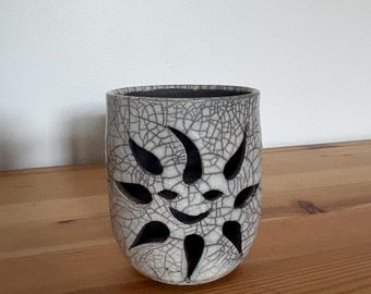 Handmade Celestial Raku Style Ceramic Votive Candle Holder - Smiling Sun Face - Cracked Glaze - Signed
