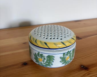 Vintage Handpainted Ceramic Lidded Dish - Potpourri Jar - Trinket Box - Floral Pattern - Vented Perforated Lid - Mediterranean