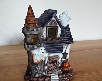 Haunted House Ghost Tea Light Candle Holder Halloween Pumpkins Vintage 4” Tall