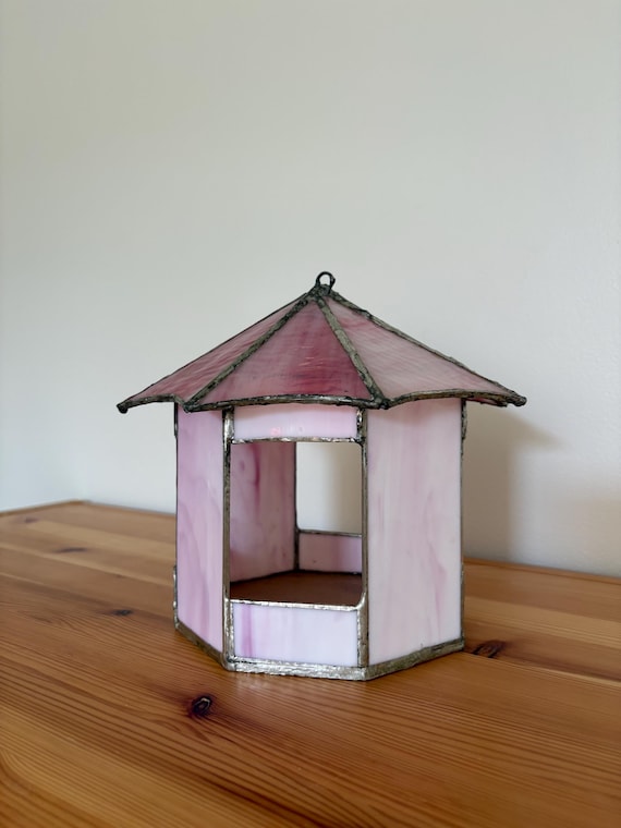 Handmade Stained Glass Bird Feeder - Pink - Bird House - Hanging Yard Art