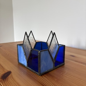 Vintage Handmade Stained Glass Tealight Votive Candle Holder - Memo Notepad Holder - Geometric Panels