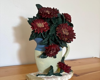 Cast Iron Doorstop - Flowers in a Jug - Vintage - Hand Painted - Daisies