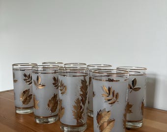 Set of 8 - Vintage Libbey Golden Foliage Frosted Highball Glasses - 12 ounce - Midcentury Glassware Flat Tumbler Autumn Leaves