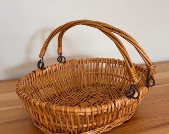 Vintage Wicker Gathering Shopping Basket - Arched Rotating Handles - Braided Rim - Excellent Condition