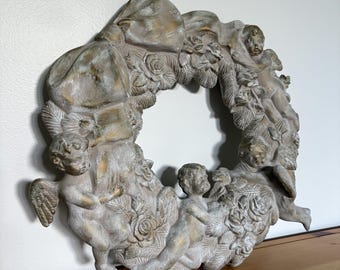 Vintage Plaster Cherub Wreath Wall Decoration - Baroque Victorian Romantic - WhimsiGoth - Angel Bow Decor