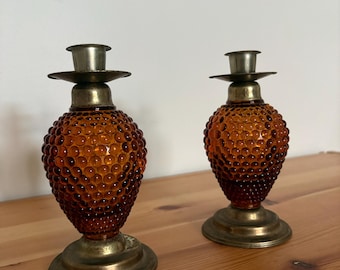 Pair of Vintage Amber Hobknob Glass and Brass Metal Candle Stick Holders - Made in Japan - Candlesticks - Midcentury Bubble Glass