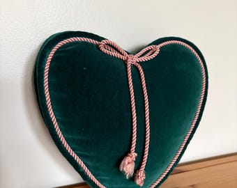 Vintage Green Velvet Heart Shaped Throw Pillow - 9 by 8 inches - Cottagecore - Handmade - Forest Green Pink Piping