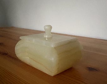Vintage Alabaster Lidded Box - Dresser or Desktop Organizer -  Trinket Box Lidded Dish - Stoneware
