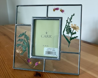 Vintage Carr Silver Leaded Glass Pressed Flowers Picture Frame - Kickstand Table Top Display -  2.5 x 3.5 print