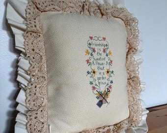 Vintage Cross Stitch Throw Pillow - 12 by 14 inches - Cream and Ruffles - Handmade - Friendship Garden Theme - Cottagecore