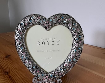 Vintage Metal and Rhinestone Heart Shaped Photo Frame - Pink Blue and Clear Gems - 4x4 photo - Cynthia Royce